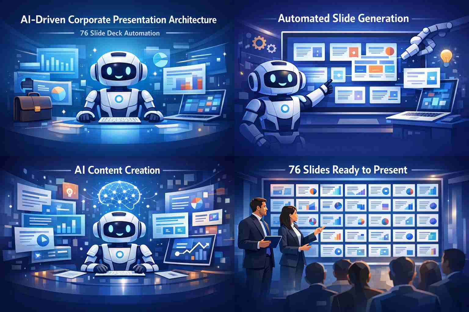 AI generated corporate presentation design with 76 slides using prompt engineering and automation tools