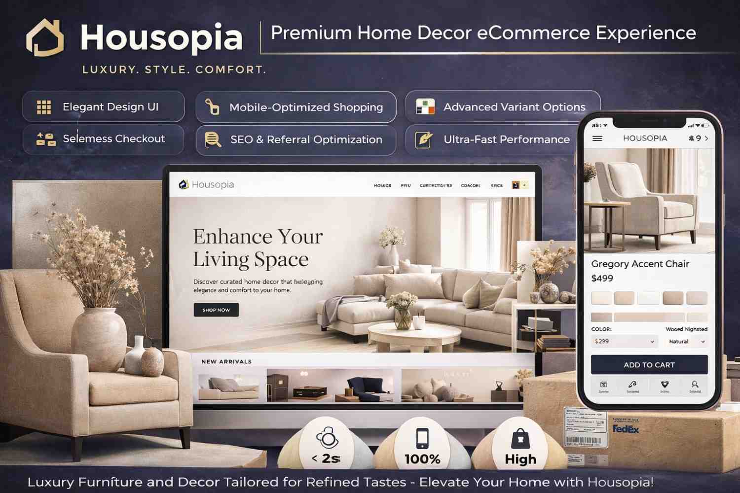 Premium home decor eCommerce website built on Shopify with automated logistics and modern UI design