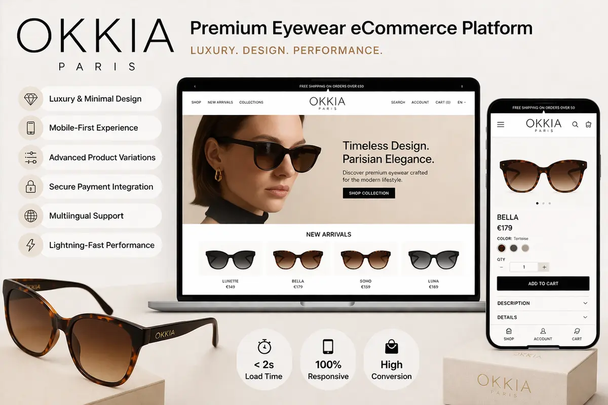 Luxury eyewear eCommerce website developed using WooCommerce and WordPress for Okkia Paris