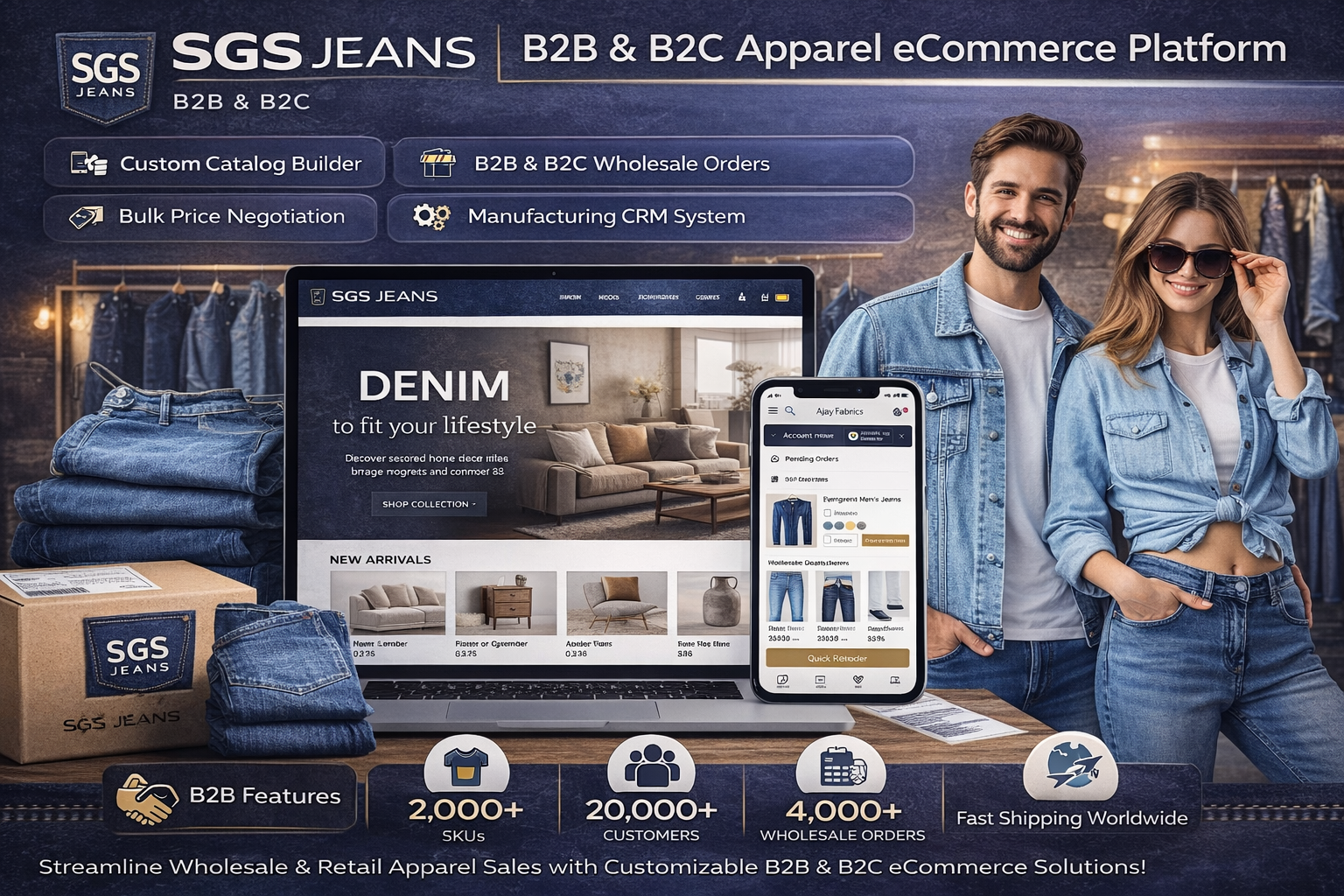 Denim eCommerce website with wholesale and retail system for apparel brand with bulk order functionality