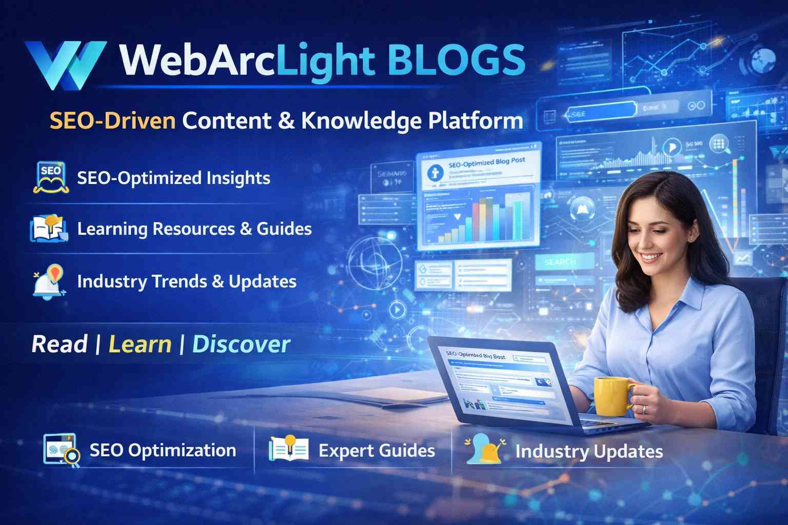SEO optimized blog platform with content management system and category filtering for digital marketing and development articles